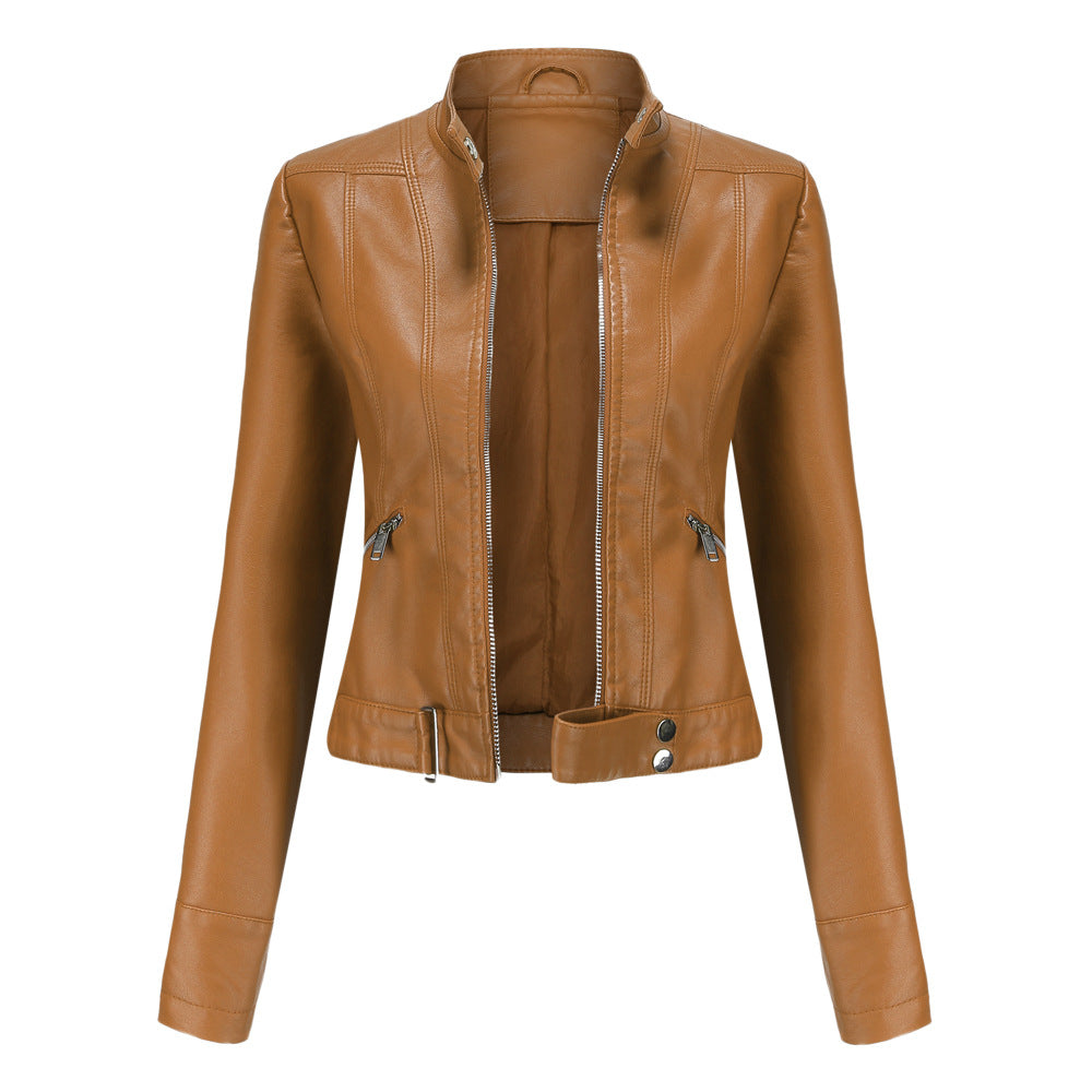 Women's Leather Jacket Zip Closure High Collar Adjustable Belt