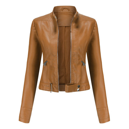 Women's Leather Jacket Zip High Collar