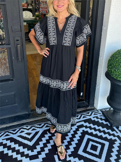 Women's Midi Dress Embroidered Notch Neck Short Sleeves - VibreMode