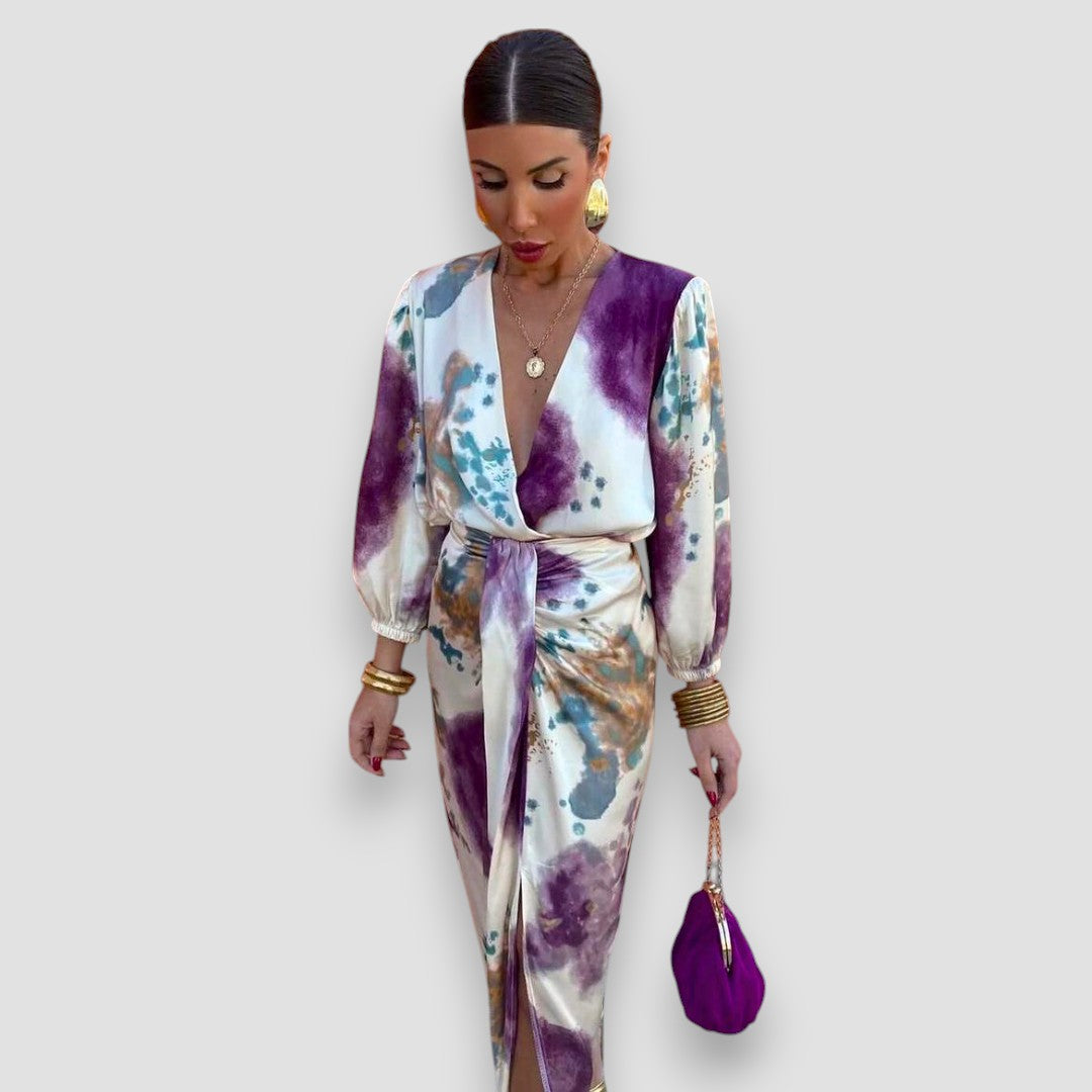 Women's Abstract Print Midi Dress Tie Waist