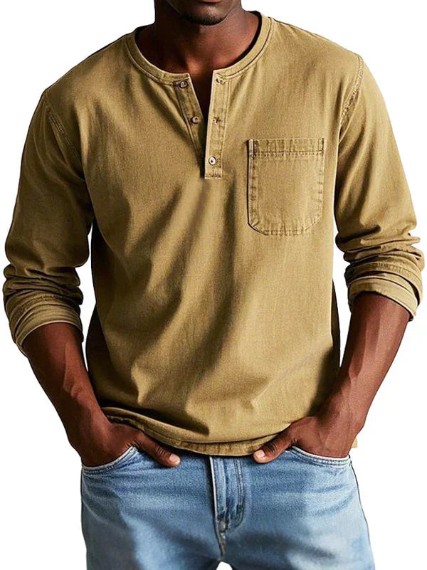 Men's Long Sleeve Henley Shirt Button Placket Chest Pocket