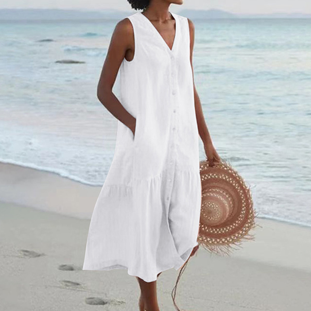 Women's Sleeveless Midi Dress Button Front