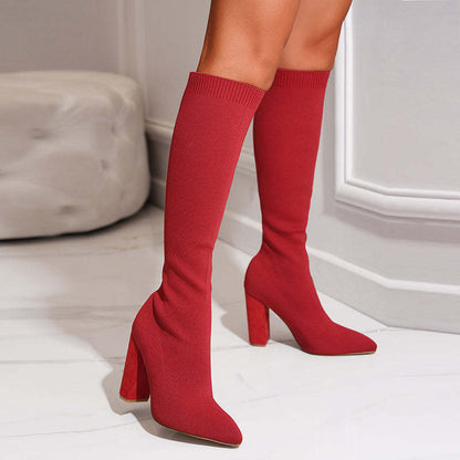 Women's Pointed Toe Booties Block Heel Knee High Boots