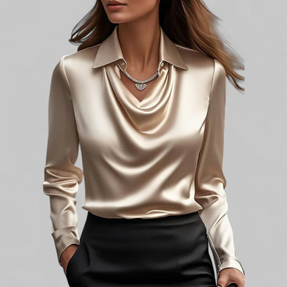 Women's Long Sleeve Satin Blouse Draped Neck