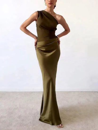 Women's One Shoulder Maxi Dress Pleated Party Wear