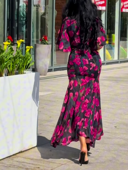 Laurie Women's V-Neck Printed Dress Trumpet Sleeves