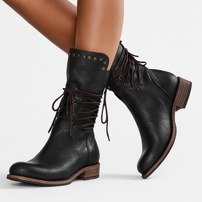 Women's Lace-Up Mid-Calf Boots with Studs