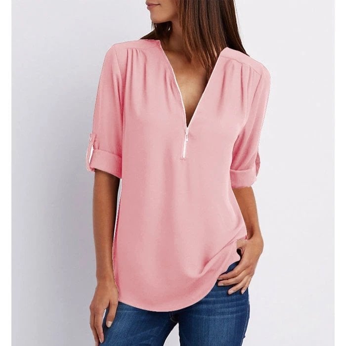 Women's Casual Blouse Zip-Up V-Neck Half Sleeve Rose - VibreMode