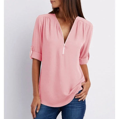 Women's Casual Blouse Zip-Up V-Neck Half Sleeve Rose - VibreMode