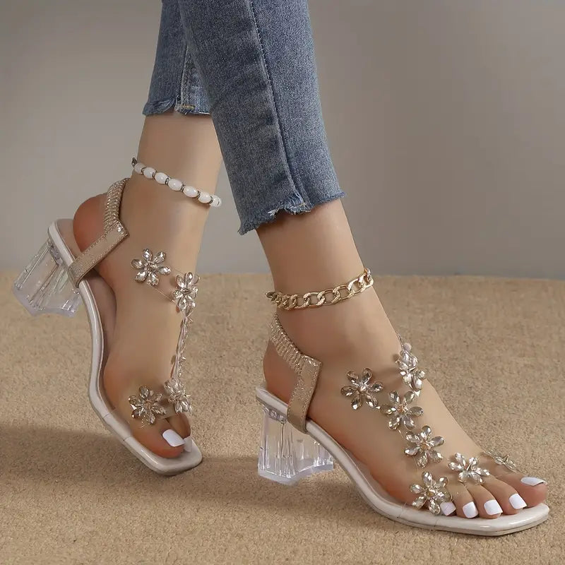 Women's Rhinestone Block Heel Sandals - VibreMode