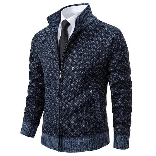 Men's Zip-Front Cardigan Diamond Pattern Ribbed Trim - VibreMode