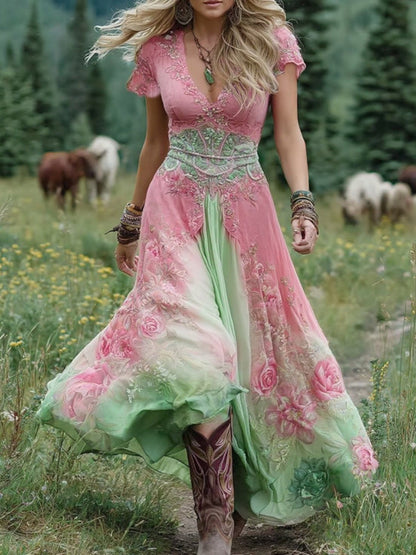 Women's Gradient Maxi Dress Short Sleeve