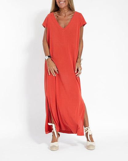 Women's V-Neck Maxi Dress Short Sleeve Coral - VibreMode