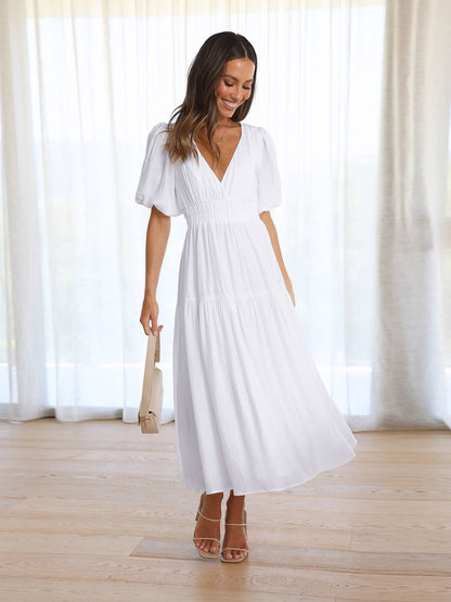 Women's V-Neck Midi Dress Puff Sleeve Smocked Waist