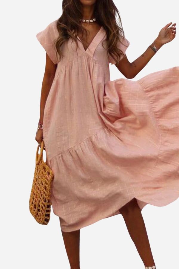 Women's V-Neck Midi Dress Flutter Sleeves - VibreMode