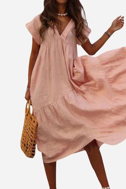 Women's V-Neck Midi Dress Flutter Sleeves - VibreMode