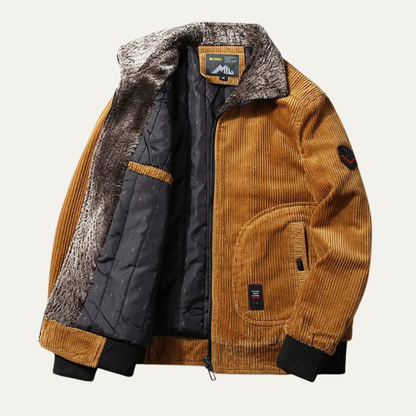 Men's Corduroy Jacket Fleece Lined Fur Collar Zip Up Coat - VibreMode