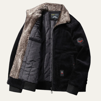Men's Corduroy Jacket Fleece Lined Fur Collar Zip Up Coat