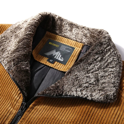 Men's Corduroy Jacket Fleece Lined Fur Collar Zip Up Coat