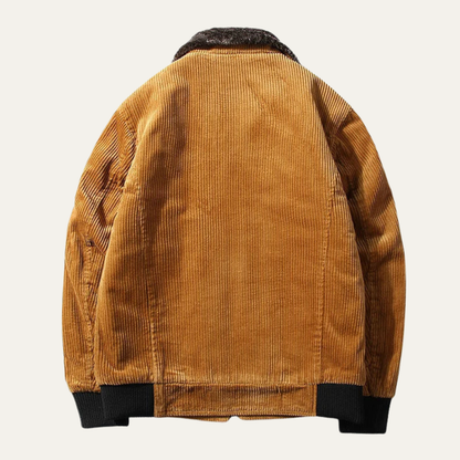 Men's Corduroy Jacket Fleece Lined Fur Collar Zip Up Coat