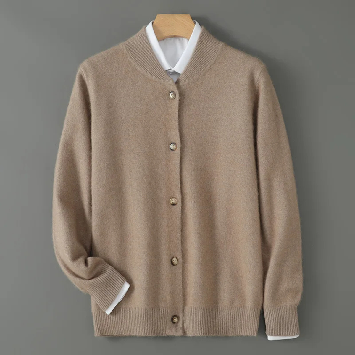 Men's Cashmere Cardigan Stand Collar Elegant Beige
