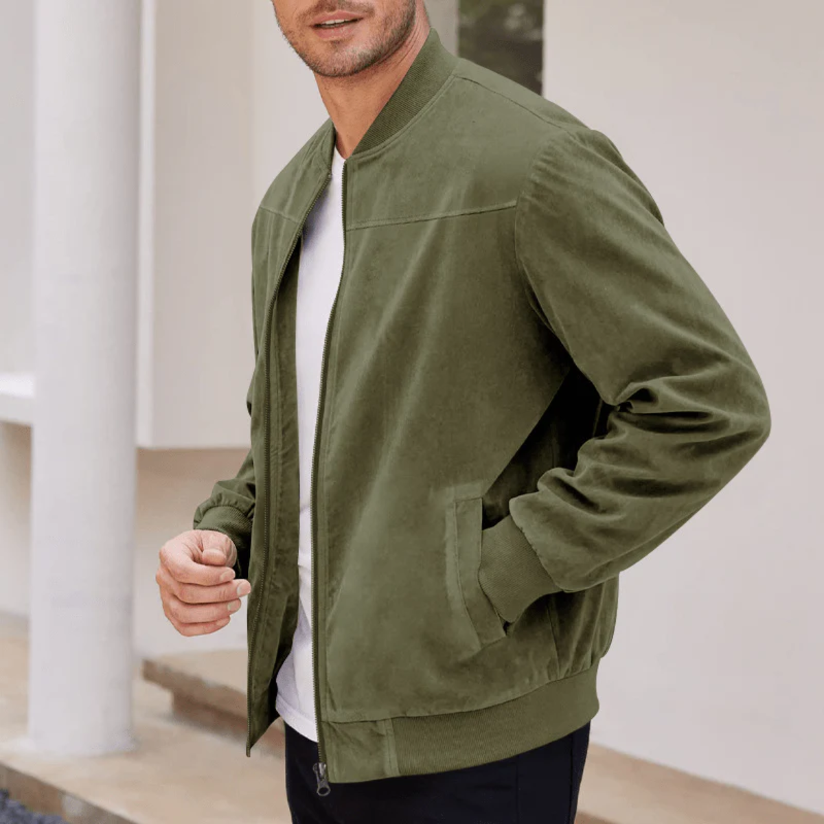 Men's Suede Bomber Jacket Vintage Casual