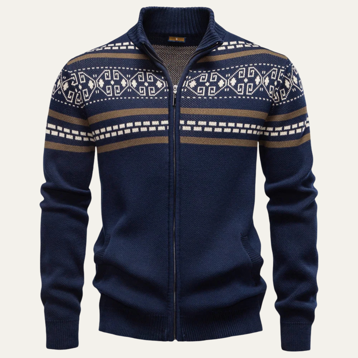 Men's Cotton Cardigan Patterned Zip Up Knit Winter Beige - VibreMode