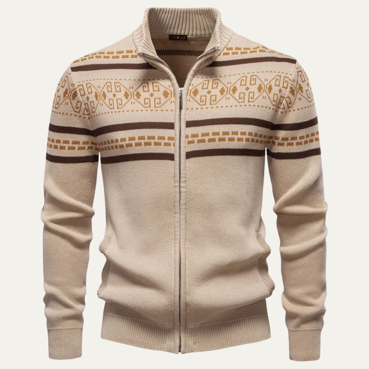 Men's Cotton Cardigan Patterned Zip Up Knit Winter Beige