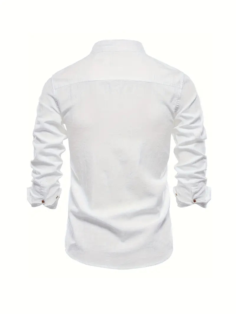 Men's Long Sleeve Button Shirt Band Collar White