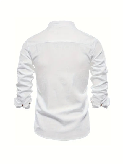 Men's Long Sleeve Button Shirt Band Collar White