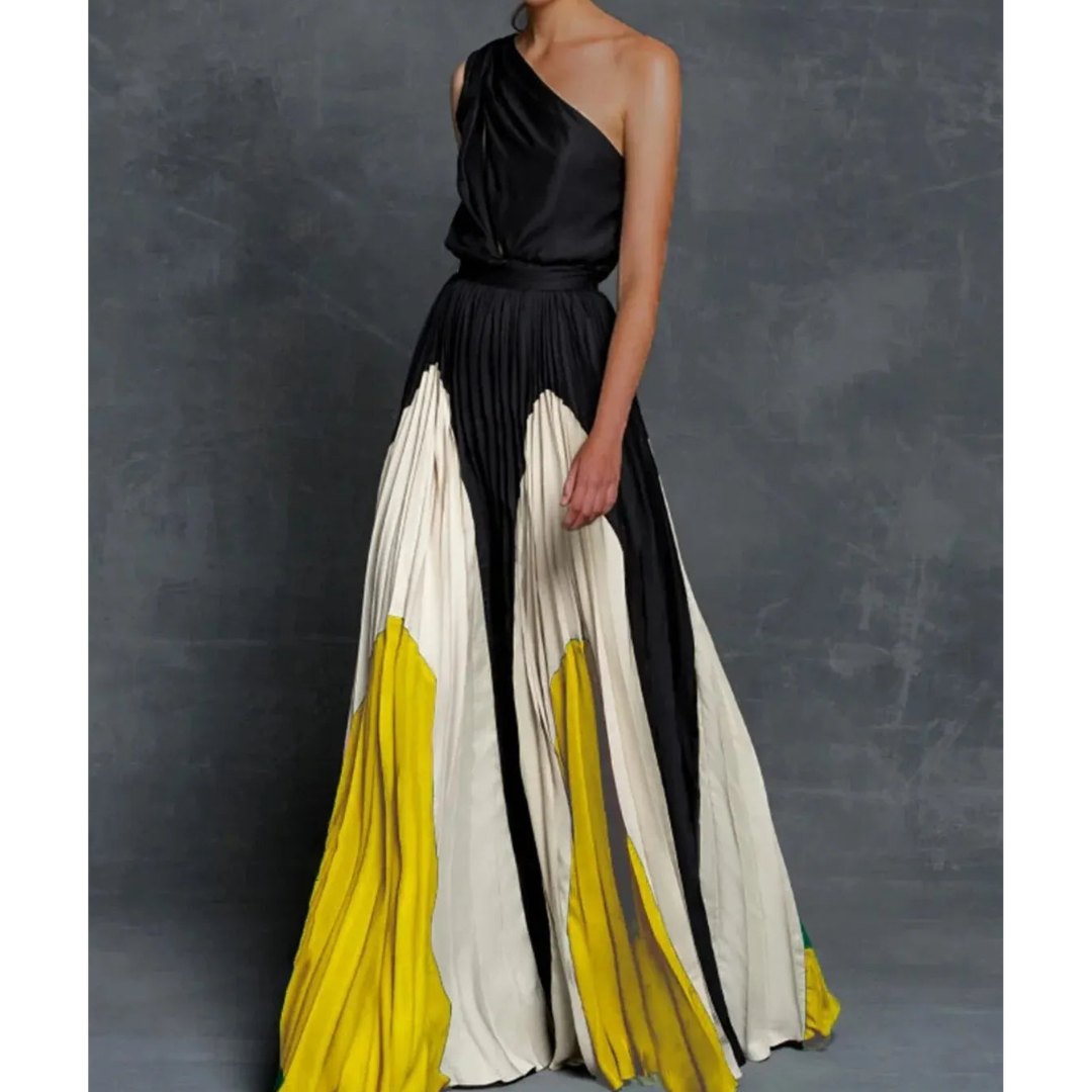 Women's Pleated Maxi Dress Color Block Gathered Waist