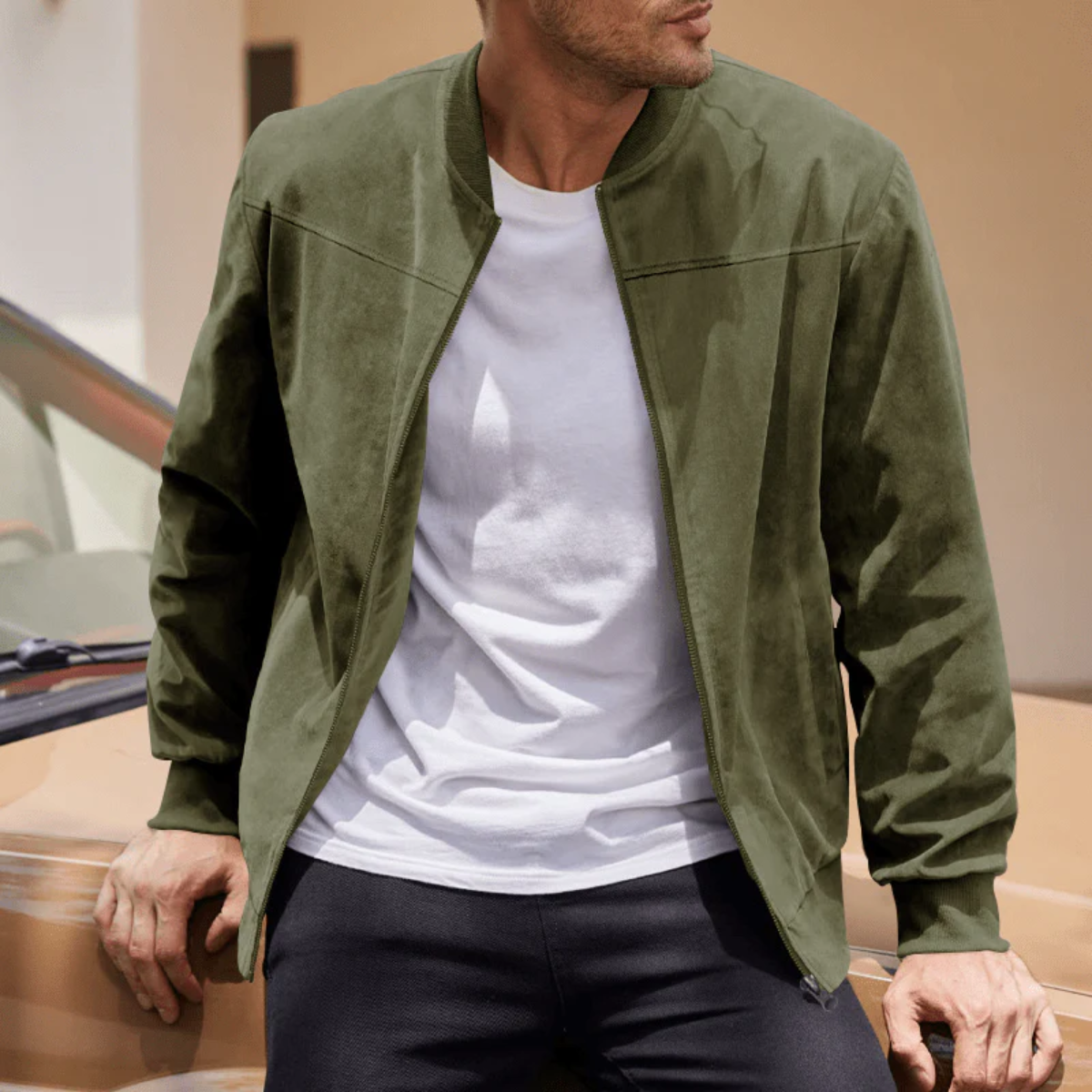 Men's Suede Bomber Jacket Vintage Casual