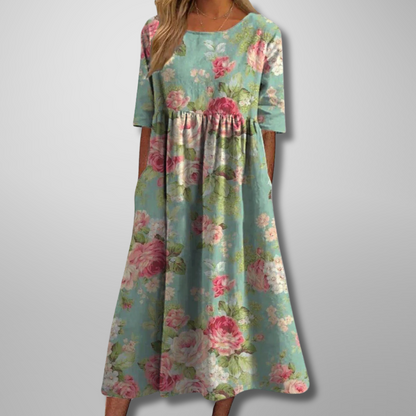 Women's Floral Maxi Dress Short Sleeves Gathered Waist