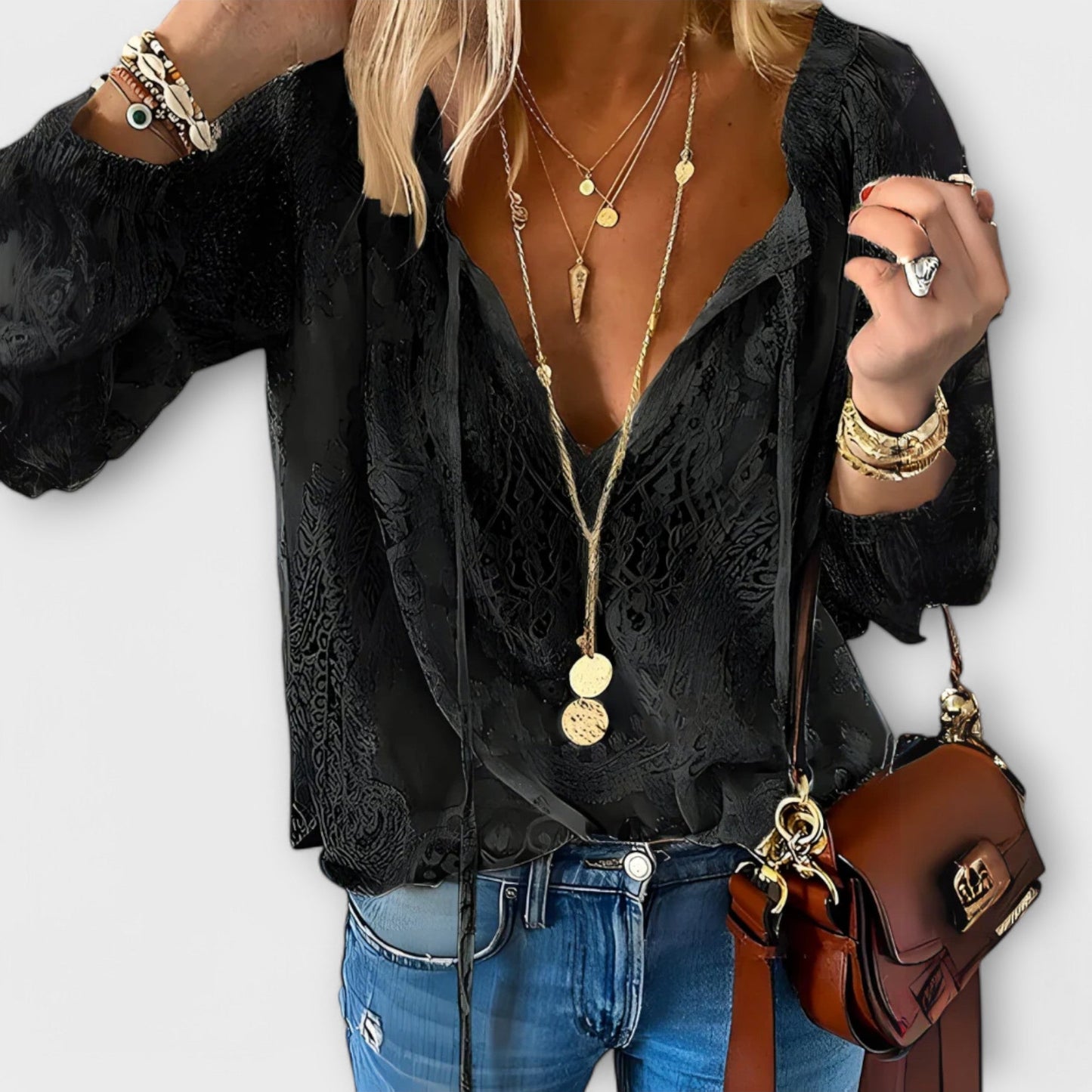 Women's Lace V-Neck Long Sleeve Boho Blouse