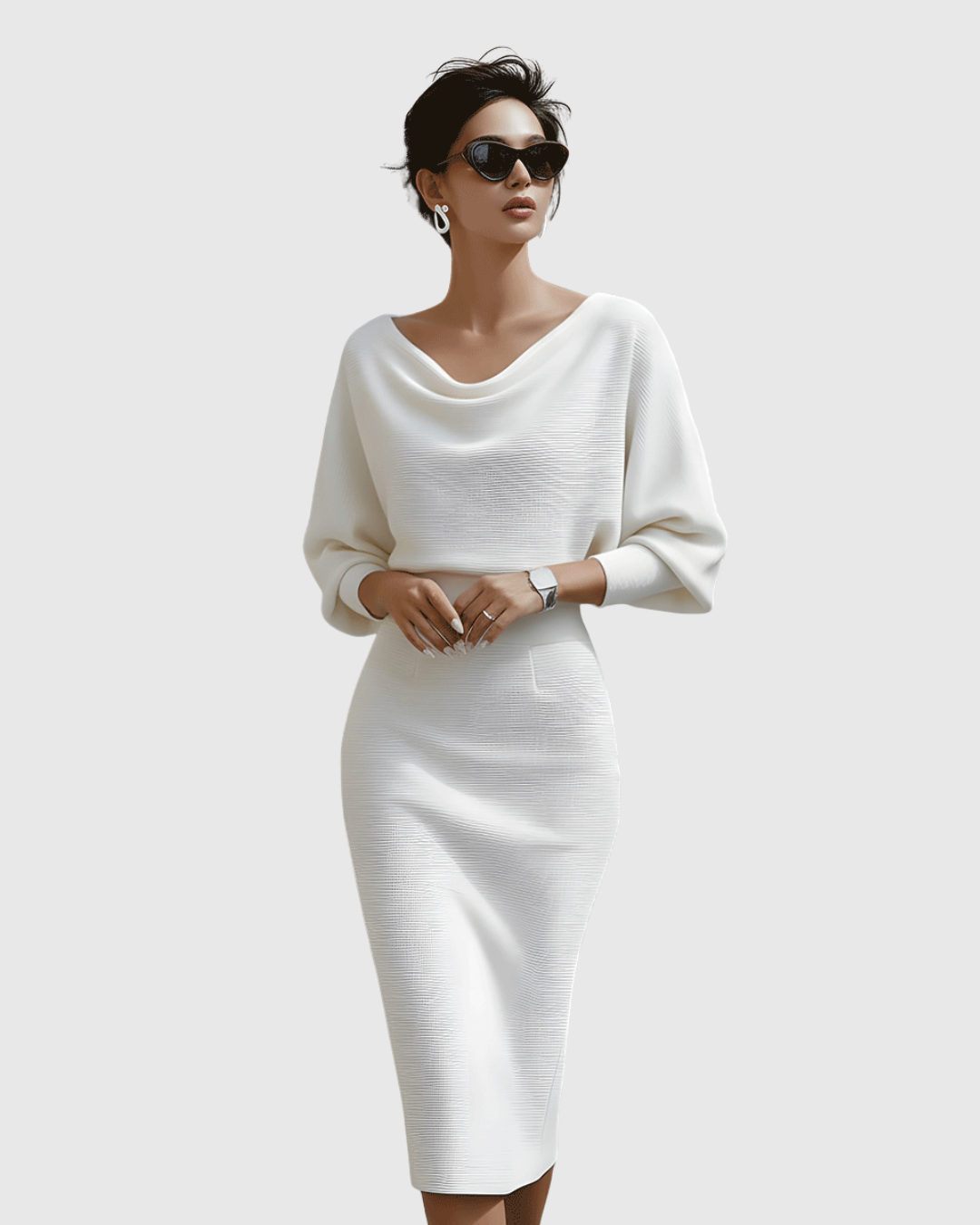 Vivienne Women's Ribbed Midi Dress Cowl Neck Batwing Sleeves