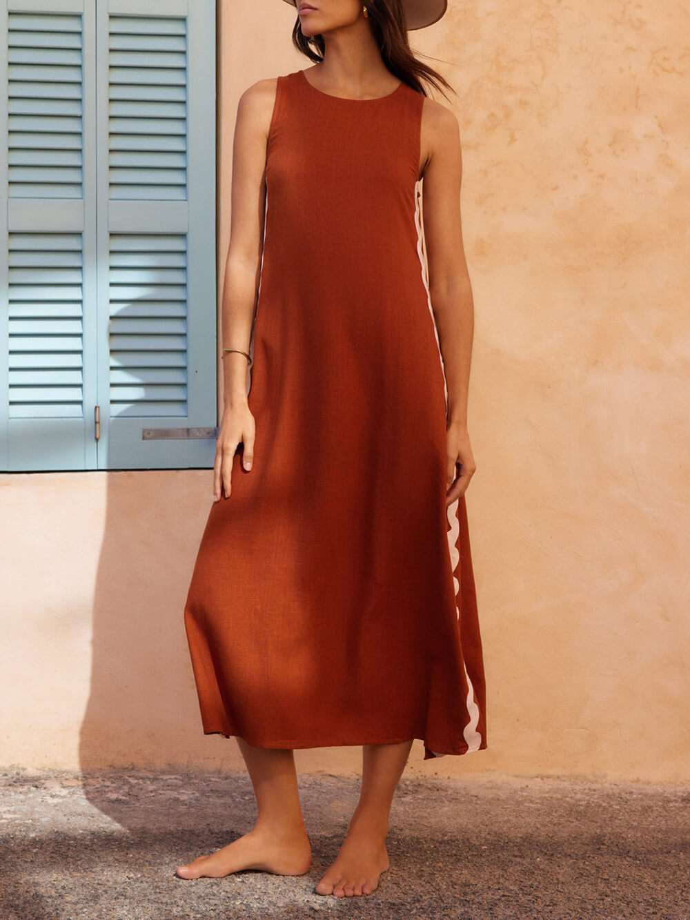 Women's Sleeveless Midi Dress Contrast Trim