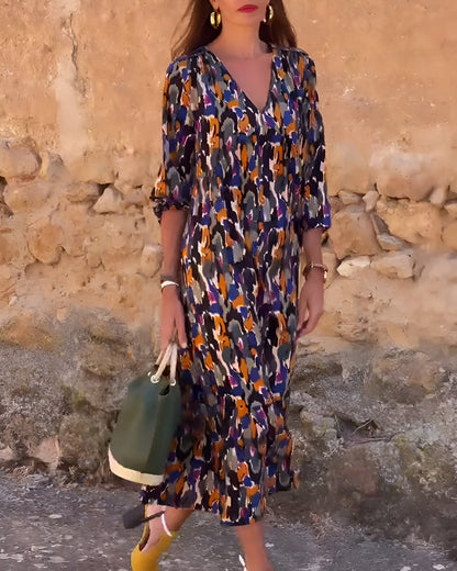 Women's V Neck Flowy Printed Dress Tummy Control Evening