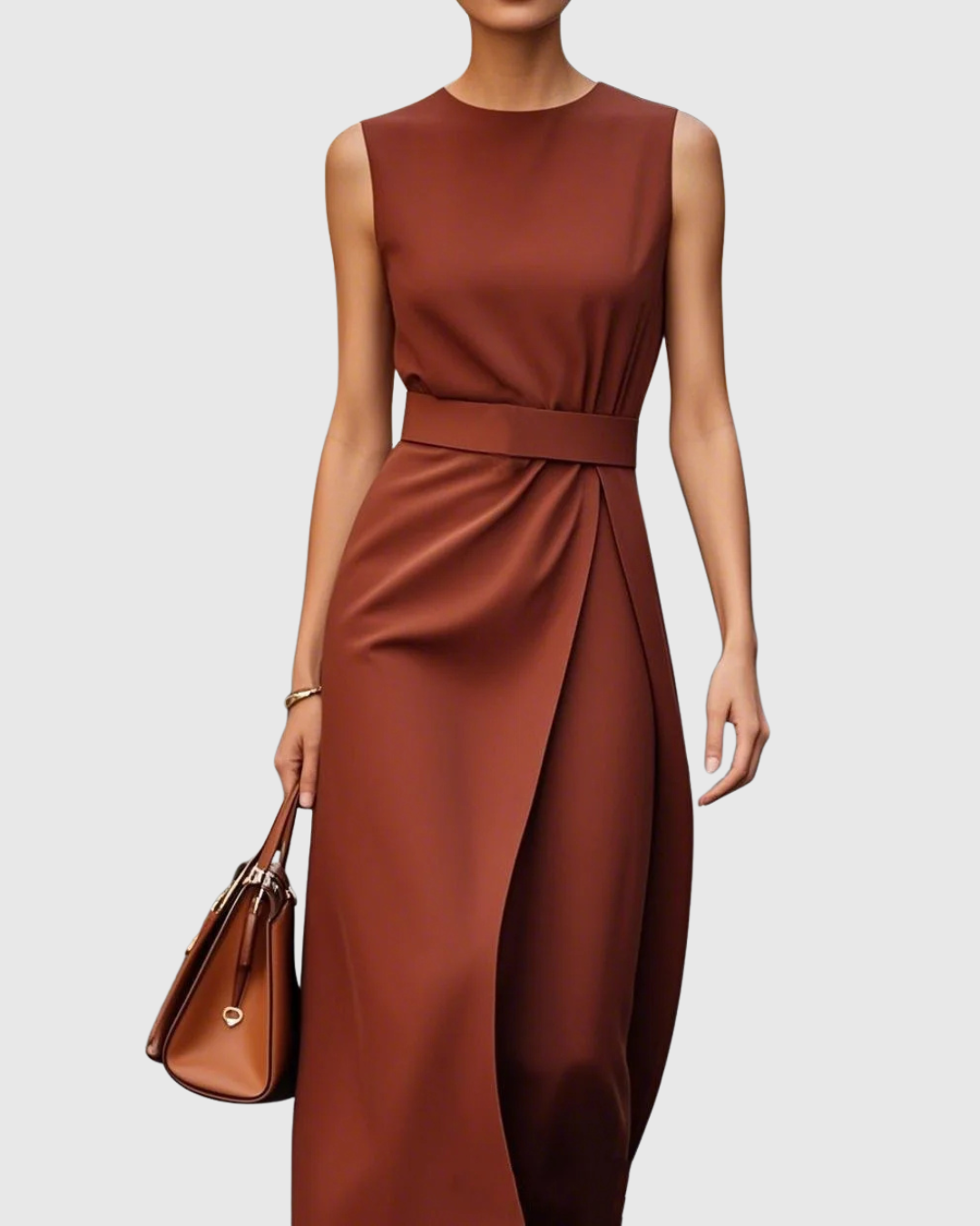 Vera Women's Sleeveless Midi Dress Round Neck Twist Waist - VibreMode