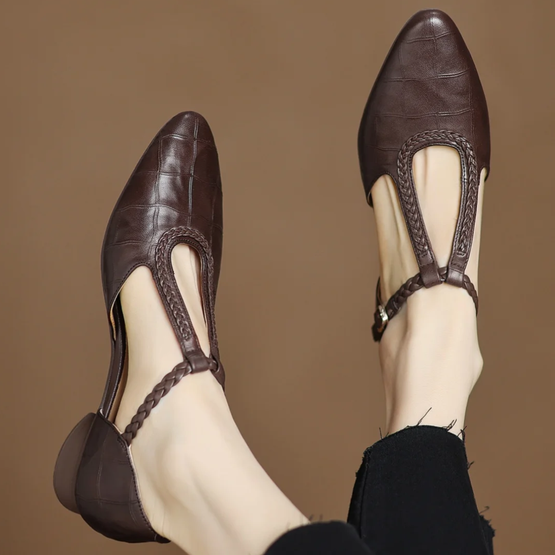 Women's Leather Mary Jane Flats Pointed Toe Black - VibreMode
