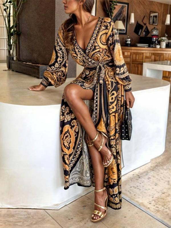 Women's Bohemian Maxi Dress Golden Print High Slit