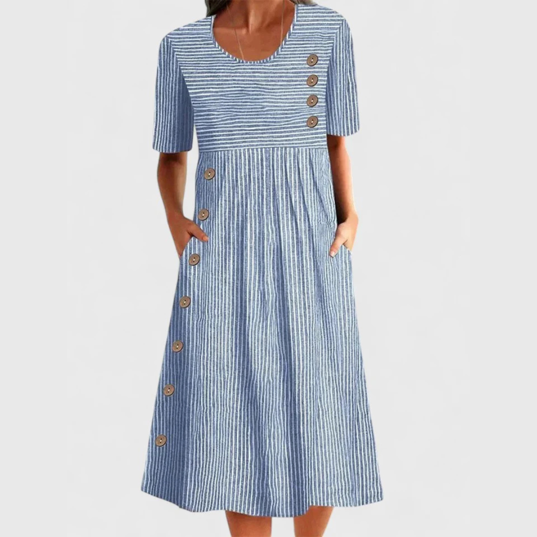 Women's Striped Midi Dress Button Front - VibreMode