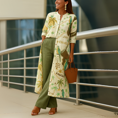 Women's Two Piece Set Collared Neck Wide Leg Pants