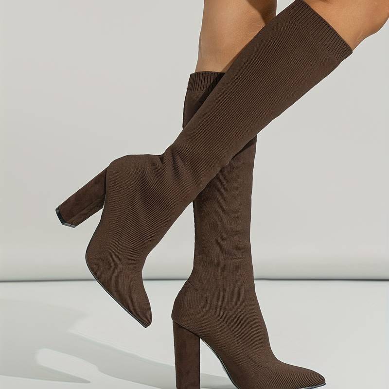 Women's Pointed Toe Booties Block Heel Knee High Boots