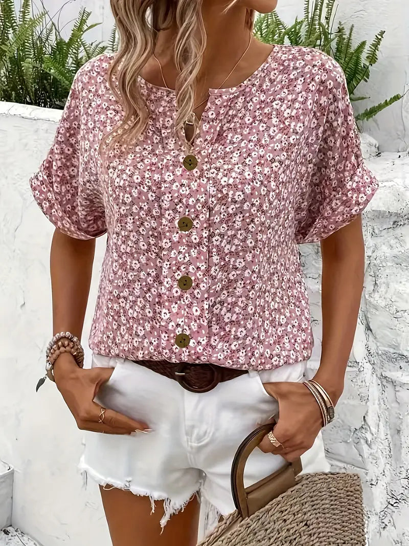 Women's Floral Short Sleeve Blouse Notched Neckline