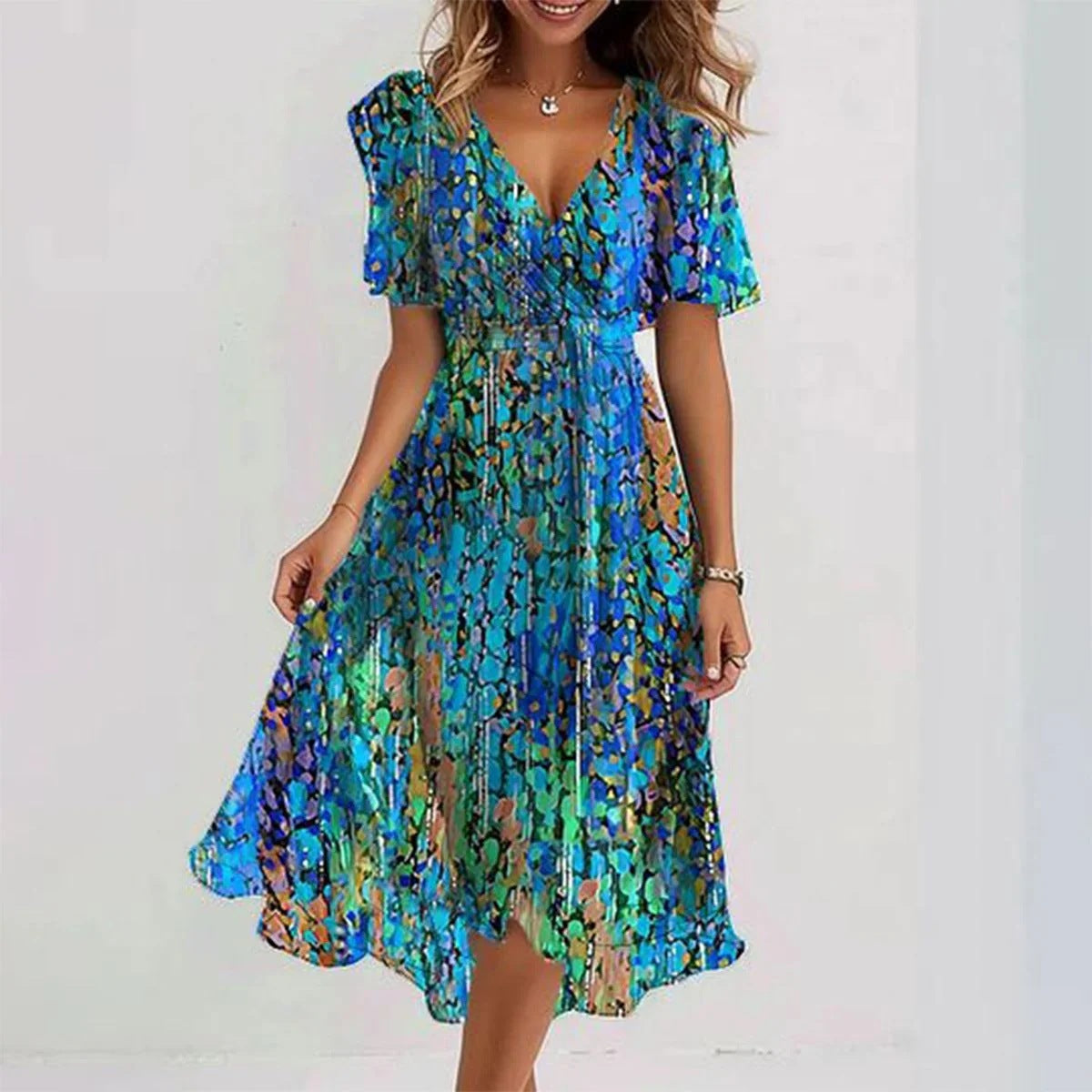 Women's Midi Wrap Dress V-Neck Flutter Sleeves