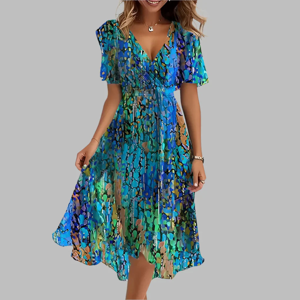 Women's Floral Midi Dress Ruched Waist - VibreMode