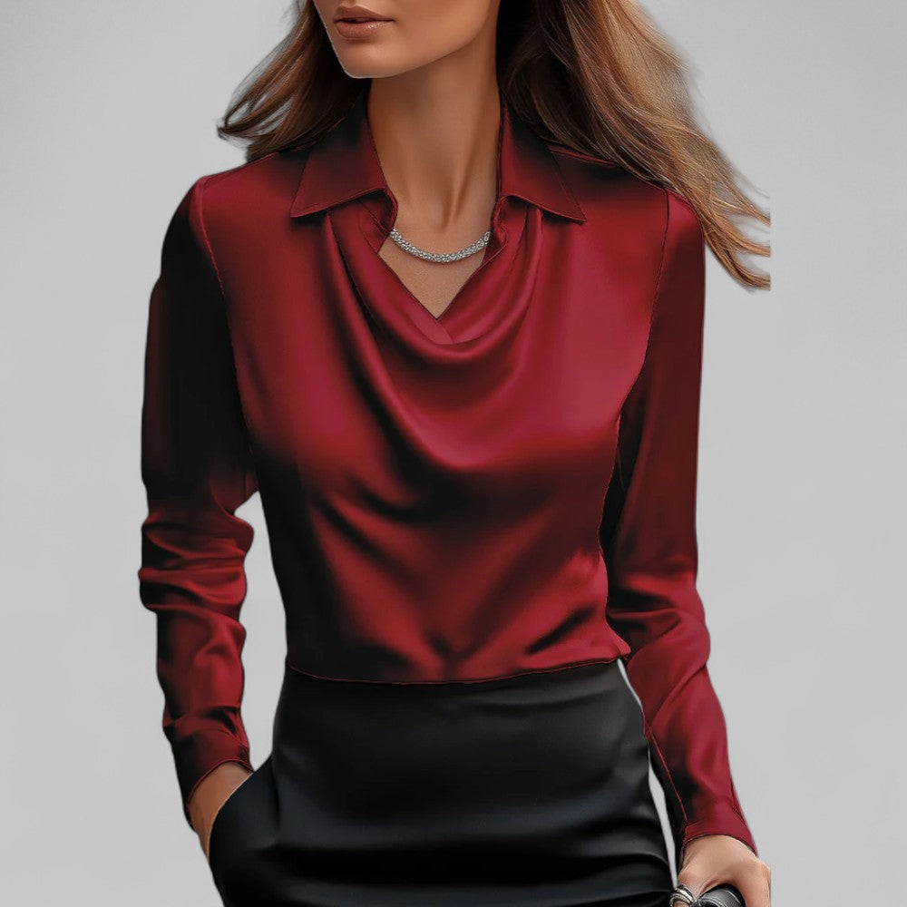 Women's Long Sleeve Satin Blouse Draped Neck