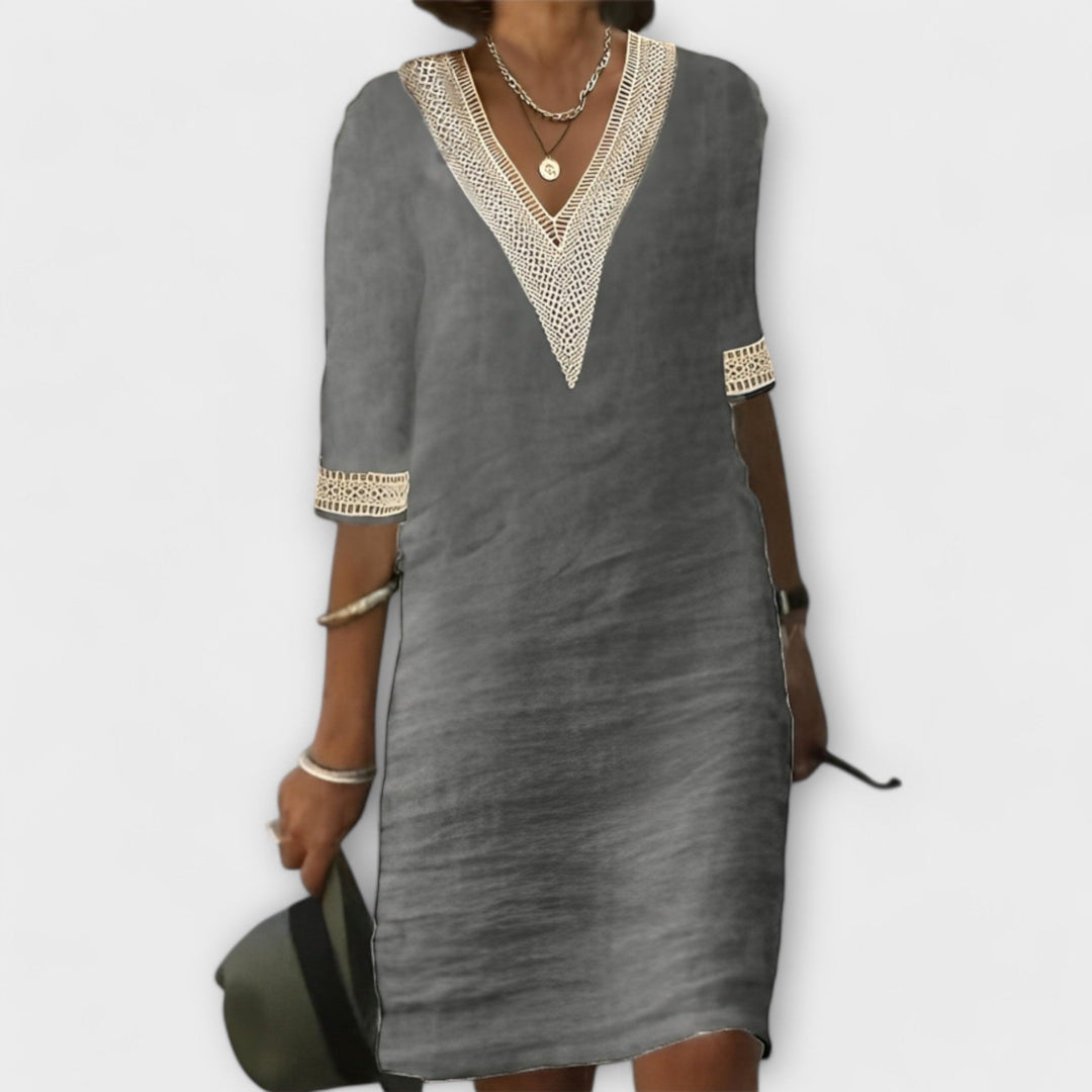 Women's V-Neck Mini Dress 3/4 Sleeve