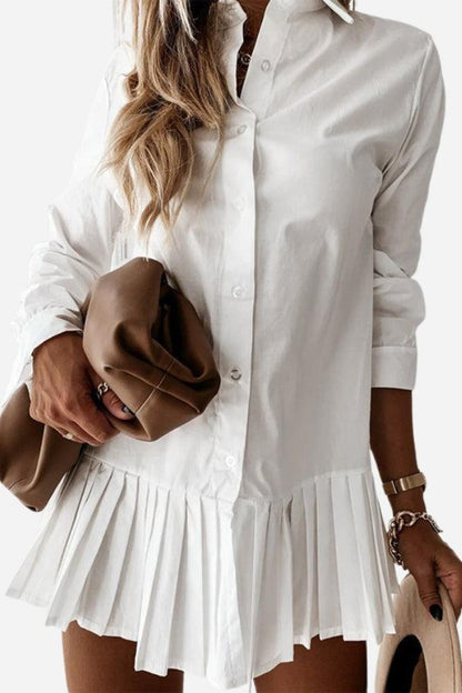 Women's Button-Down Shirt Dress White Pleated Hem - VibreMode