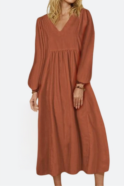 Women's V-Neck Midi Dress Smocked Waist Balloon Sleeves - VibreMode